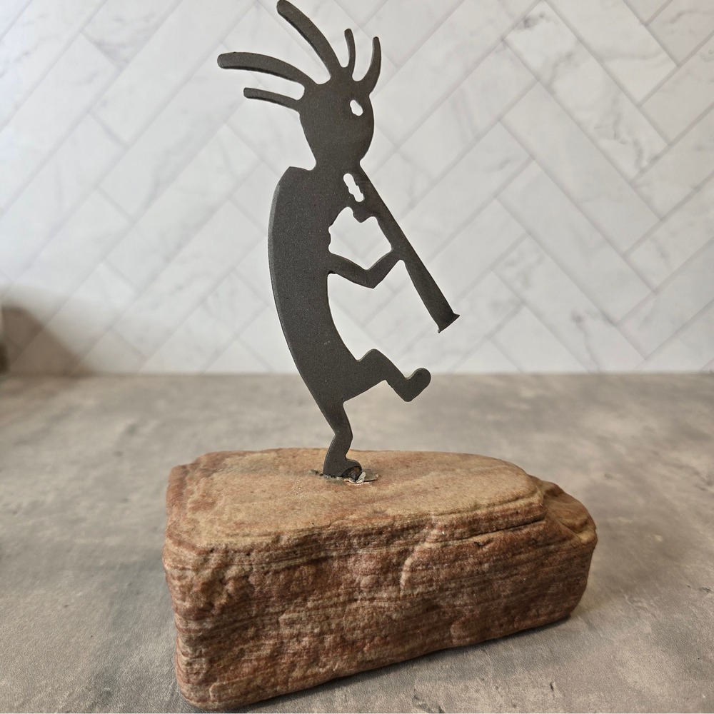 Kokopelli Metal Silhouette Sculpture on Natural Red Rock Base